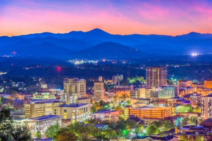 Skyline of Asheville, N.C., the best bluegrass jamming town in America